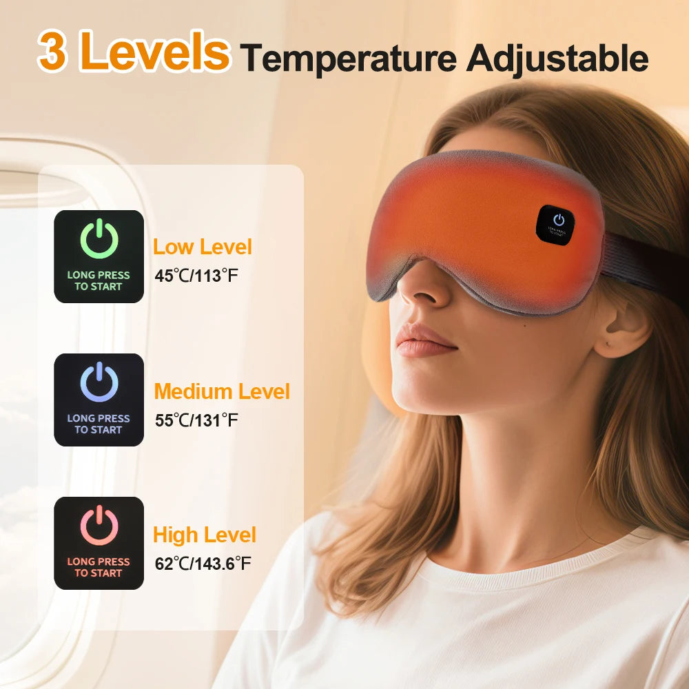 Woman wearing a temperature-adjustable eye mask with level indicators on a beige background