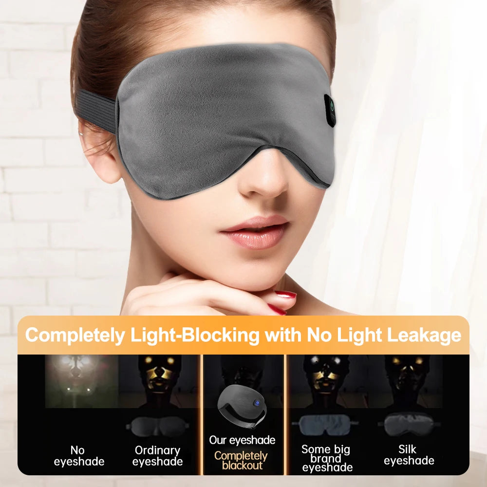 Woman wearing a gray sleep mask with light-blocking feature text overlay