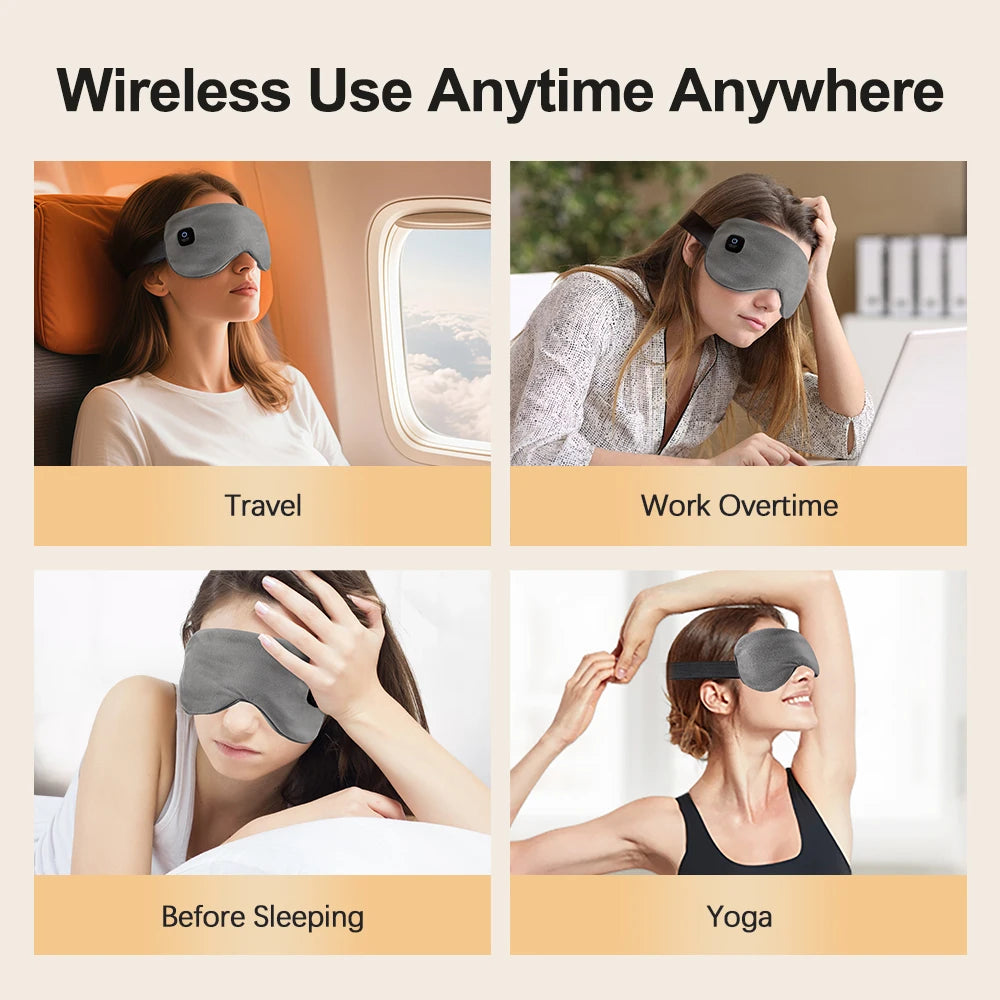 Sleep mask being used in various scenarios like travel, work overtime, before sleeping, and yoga.