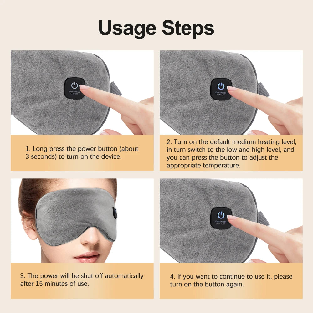 Instructions for using a heating eye mask with power button and usage steps.